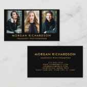 Modernes 3 Foto-Fotograf-Schwarz-Gold Visitenkarte (Vorne/Hinten)