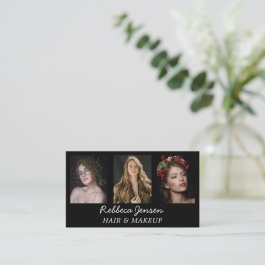 Modernes 3-Foto-Haar & Make-up Schwarz/Weiß Visitenkarte (Stehend Vorderseite)
