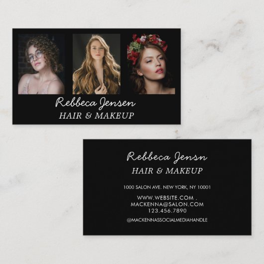Modernes 3-Foto-Haar & Make-up Schwarz/Weiß Visitenkarte (Vorne/Hinten)