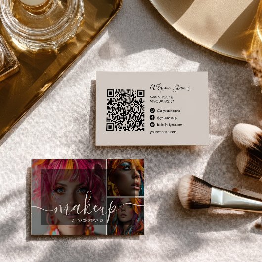 Modernes 3 Foto Makeup Artist QR Code Social Media Visitenkarte
