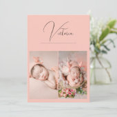 Modernes 3-Foto Peach Baby Girl Geburtsankündigung Ankündigung (Stehend Vorderseite)