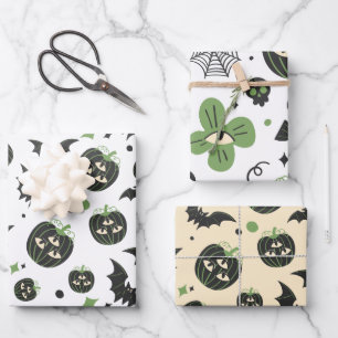 Modernes, 3-Mit Augen Kürbiskuchen und Fledermäuse Geschenkpapier Set