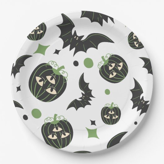 Modernes, 3-Mit Augen Kürbiskuchen und Fledermäuse Pappteller (Vorderseite)