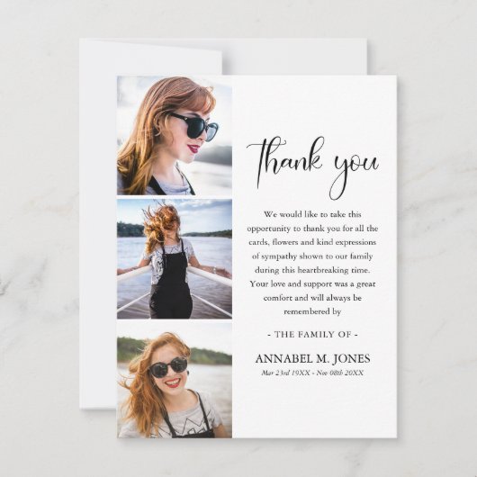 Modernes 3 x Foto Beerdigung Beileid Dankeskarte (Vorderseite)