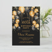 Modernes 40. Geburtstag Party Black Gold Einladung (Stehend Vorderseite)