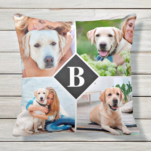 Modernes 4-Foto Collage Monogram Pet Hund Lover Kissen (Von Creator hochgeladen)