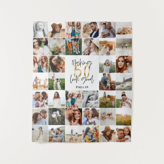 Modernes 50. Geburtstag Multi-Foto-Script-Geschenk Wandteppich (Vorderseite)