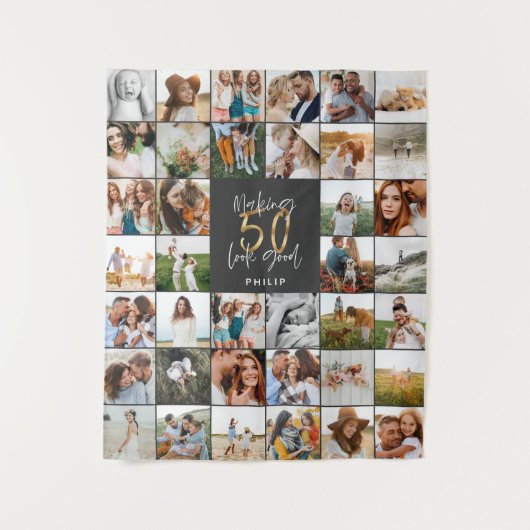 Modernes 50. Geburtstag Multi-Foto-Script-Geschenk Wandteppich (Vorderseite)
