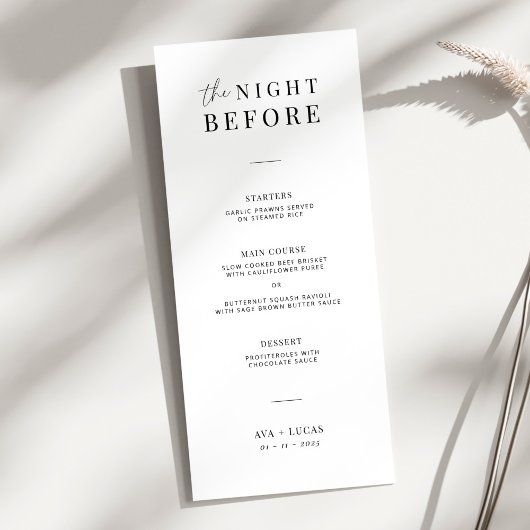 Modernes Abendessen vor Hochzeitsessen Probe Menükarte