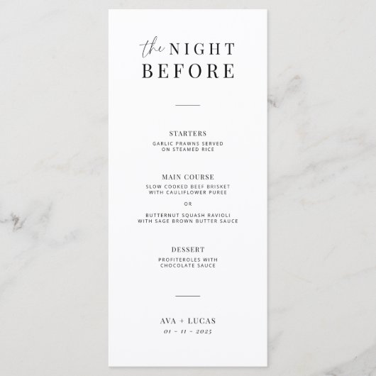 Modernes Abendessen vor Hochzeitsessen Probe Menükarte (Vorderseite)