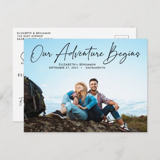 Modernes Abenteuer beginnt Save the Date Foto Postkarte (Vorne/Hinten)