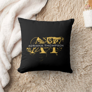 Modernes, abgenutztes Schwarz & Gold Monogramm Kissen