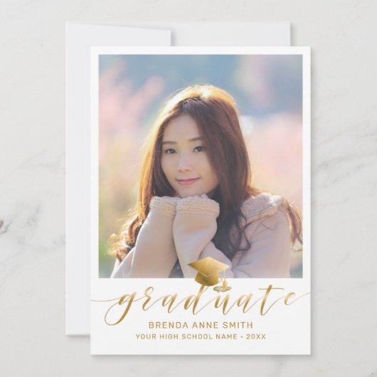 Modernes Abschluss Foto Gold Script Cap auf Weiß Ankündigung (Vorderseite)