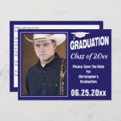 Modernes Abschluss Foto Save the Date Party Blau Postkarte (Vorne/Hinten)