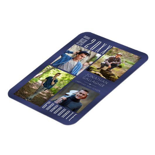 Modernes Abschluss Metallic Navy Blue Foto Magnet (Linke Seite)