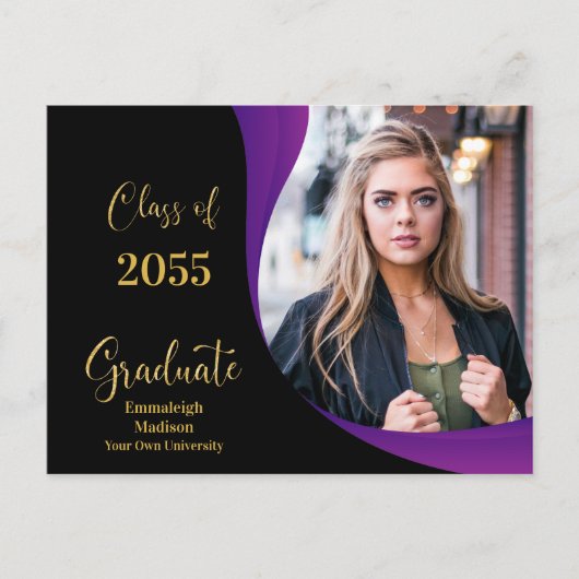 Modernes Abschluss Schwarz/Lila Wave Foto Ankündigungspostkarte (Vorderseite)