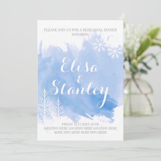 Modernes abstraktes Abendessen in Aquarellblau mit Einladung (Stehend Vorderseite)