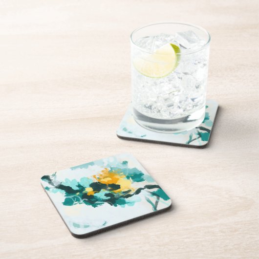 Modernes, Abstraktes, Aquamarin-gelb gestrichenes Getränkeuntersetzer (Rechte Seite)