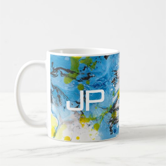 Modernes Abstraktes, blau-gelbes Weiß-Template Kaffeetasse (Links)