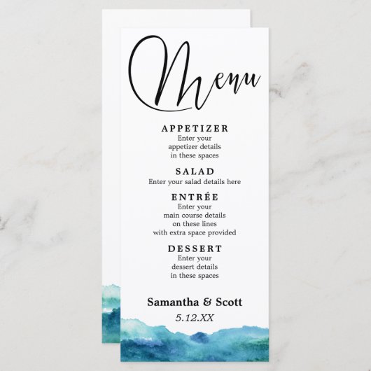 Modernes Abstraktes blaues Aqua Menükarte (Vorne/Hinten)