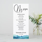 Modernes Abstraktes blaues Aqua Menükarte (Stehend Vorderseite)