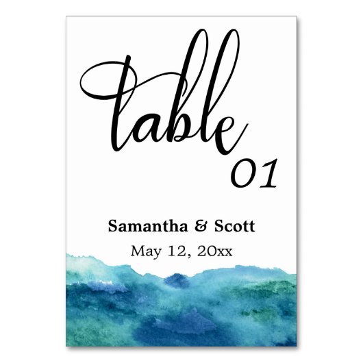 Modernes Abstraktes blaues Aqua Tischnummer (Rückseite)