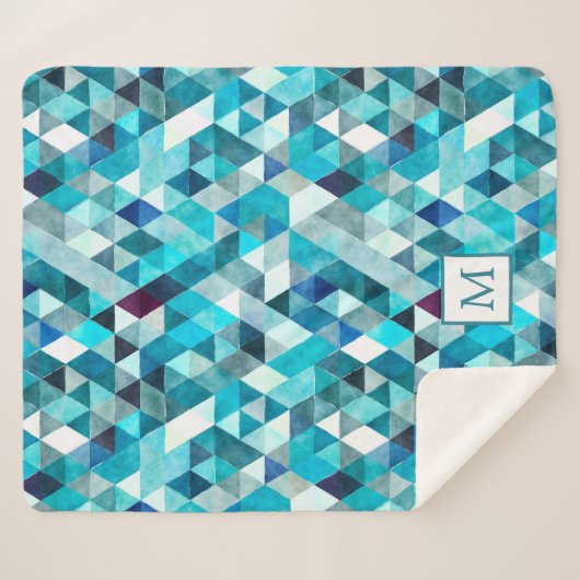 Modernes Abstraktes, blaues Farbmuster Monogramm Sherpadecke (Vorderseite (Horizontal))