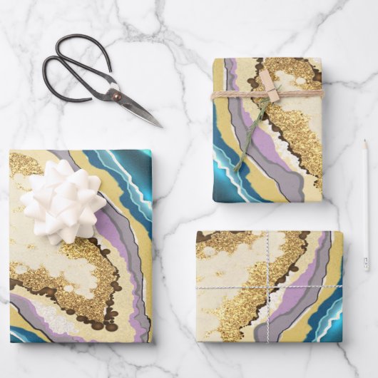 Modernes Abstraktes Blue Gold Agate Geode Gemstone Geschenkpapier Set (Vorderseite)