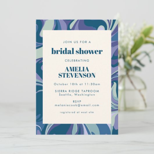 Modernes Abstraktes Blue Unique Border Brautparty Einladung (Stehend Vorderseite)