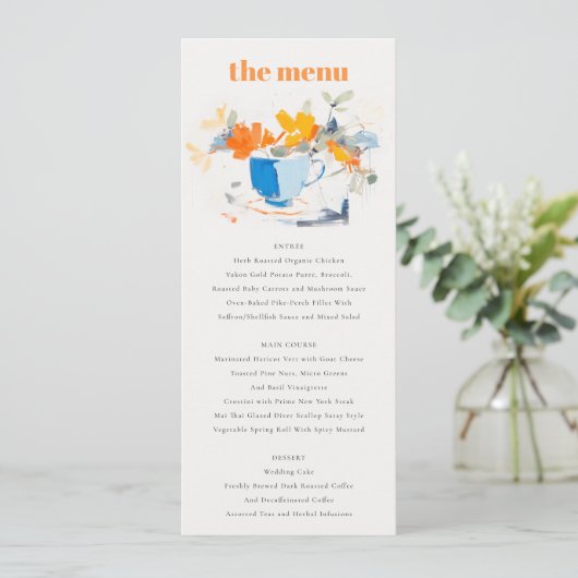 Modernes Abstraktes Blumenmenü mit blauen Orangen Einladung (Stehend Vorderseite)