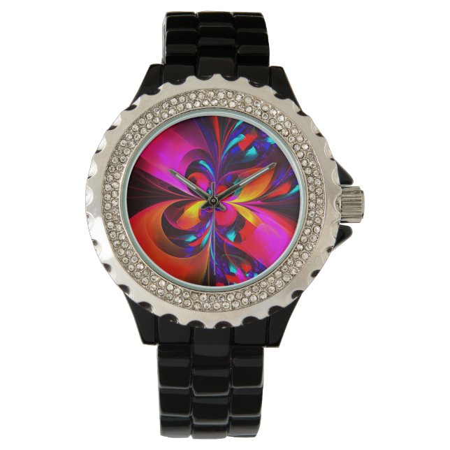 Modernes Abstraktes Blumenmuster Red Blue Muster # Armbanduhr (Vorderseite)