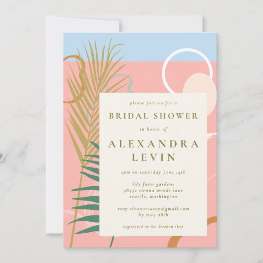 Modernes Abstraktes botanisches rosa blaues Brautp Einladung (Vorderseite)