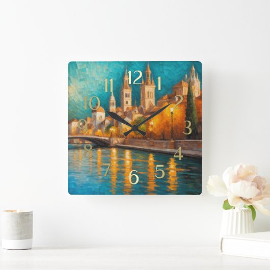 Modernes Abstraktes Design Gold Orange Blue Europe Quadratische Wanduhr (Zuhause)