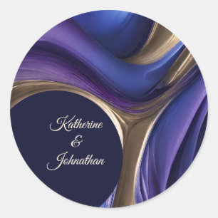 Modernes Abstraktes Fluid Art Blue Lila und Gold Runder Aufkleber