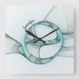 Modernes Abstraktes Fraktal Blau Türkis Grauer Nam Quadratische Wanduhr