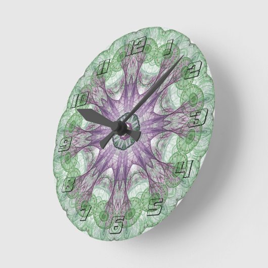 Modernes Abstraktes Fraktal Lila und grünes Design Runde Wanduhr (Winkel)