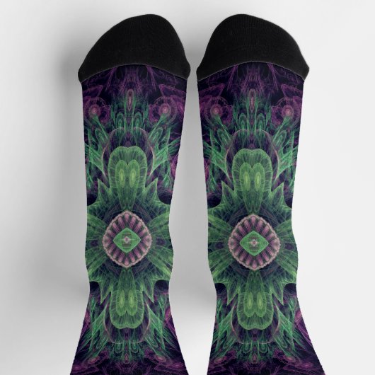 Modernes Abstraktes Fraktal Lila und grünes Design Socken (Oben)