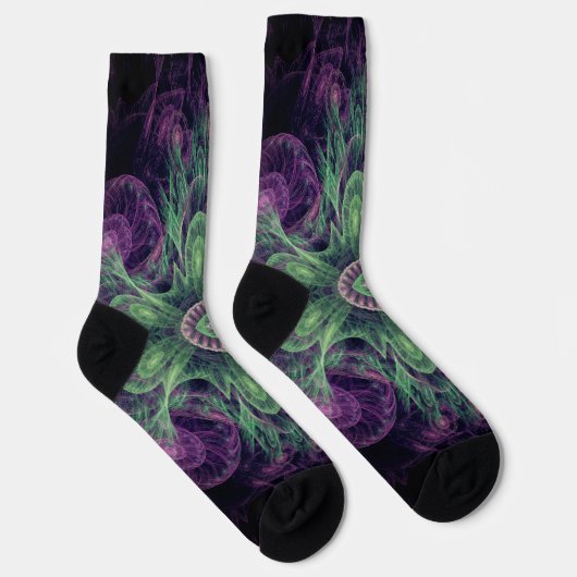 Modernes Abstraktes Fraktal Lila und grünes Design Socken (Rechts)