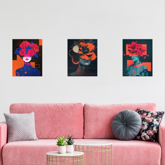 Modernes abstraktes Frauenportrait mit Blume Bilderwand Sets (Wohnzimmer)