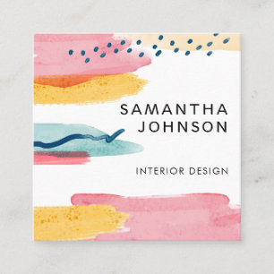 Modernes, Abstraktes, gelb-rosa blaues Design Quadratische Visitenkarte