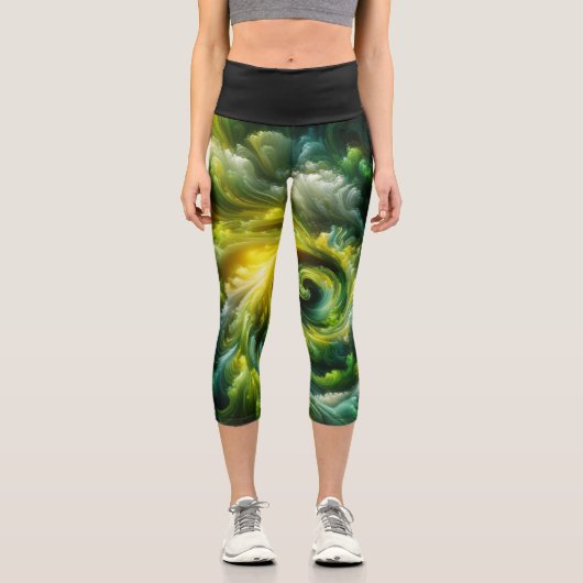 Modernes Abstraktes, helles Grün Capri Leggings (Vorderseite)