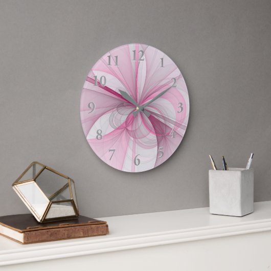 Modernes Abstraktes, hellrosa graues Fraktal Desig Große Wanduhr (Büro)