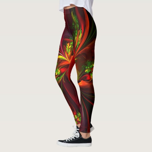 Modernes Abstraktes Muster des Roten Grünen Blumen Leggings (Links)