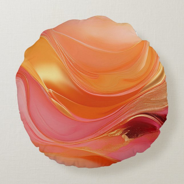 Modernes, Abstraktes Orange Rosa und Gold- Rundes Kissen (Rückseite)
