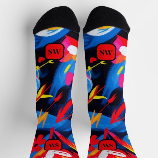 Modernes abstraktes Rot-Gelb-Monogramm Socken (Oben)