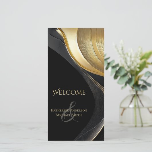 Modernes Abstraktes Schwarz-Gold-Hochzeitsprogramm (Stehend Vorderseite)