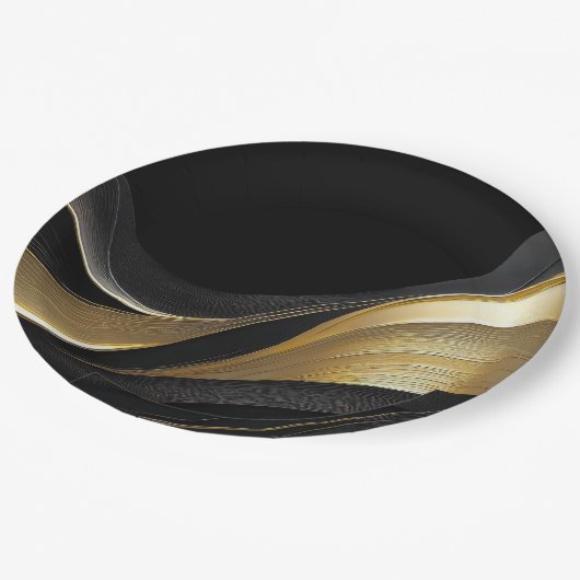 Modernes Abstraktes Schwarz und Gold Pappteller (Schrägansicht)