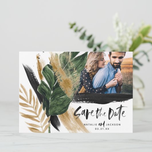 Modernes abstraktes Schwarzgold Save the Date Einladung (Stehend Vorderseite)