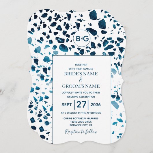 Modernes Abstraktes Terrazzo Mosaic Blue Wedding I Einladung (Vorne/Hinten)