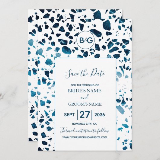 Modernes Abstraktes Terrazzo Mosaik Blau Save the Save The Date (Vorne/Hinten)